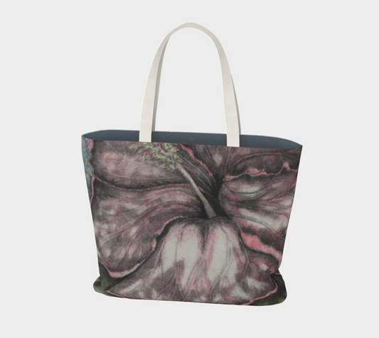 Large Tote Bag Pink Hibiscus Colored Pencil Grisaille