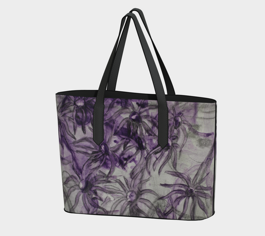 Vegan Leather Tote Bag Purple Aster Flower